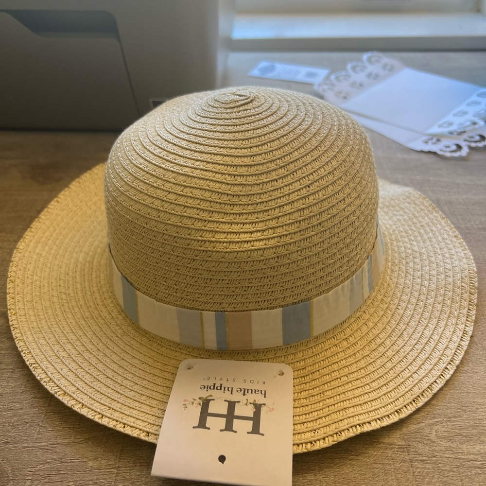 Girls Tan and Blue Sun Hat with Wide Brim